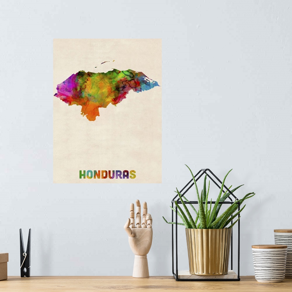 A bohemian room featuring Watercolor art map of the country Honduras against a weathered beige background.