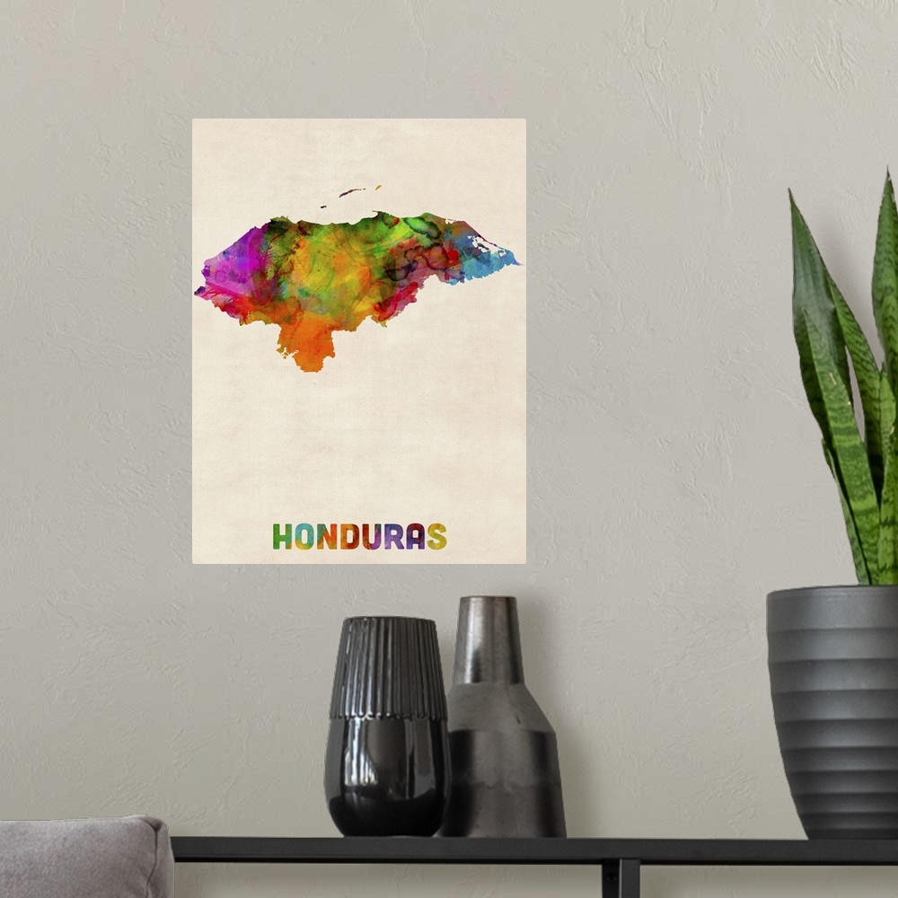 A modern room featuring Watercolor art map of the country Honduras against a weathered beige background.