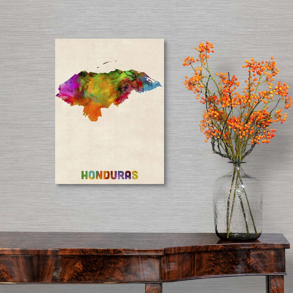 A traditional room featuring Watercolor art map of the country Honduras against a weathered beige background.