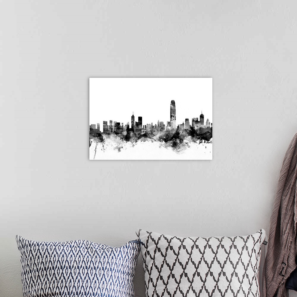 A bohemian room featuring Contemporary artwork of the Hong Kong city skyline in black watercolor paint splashes.