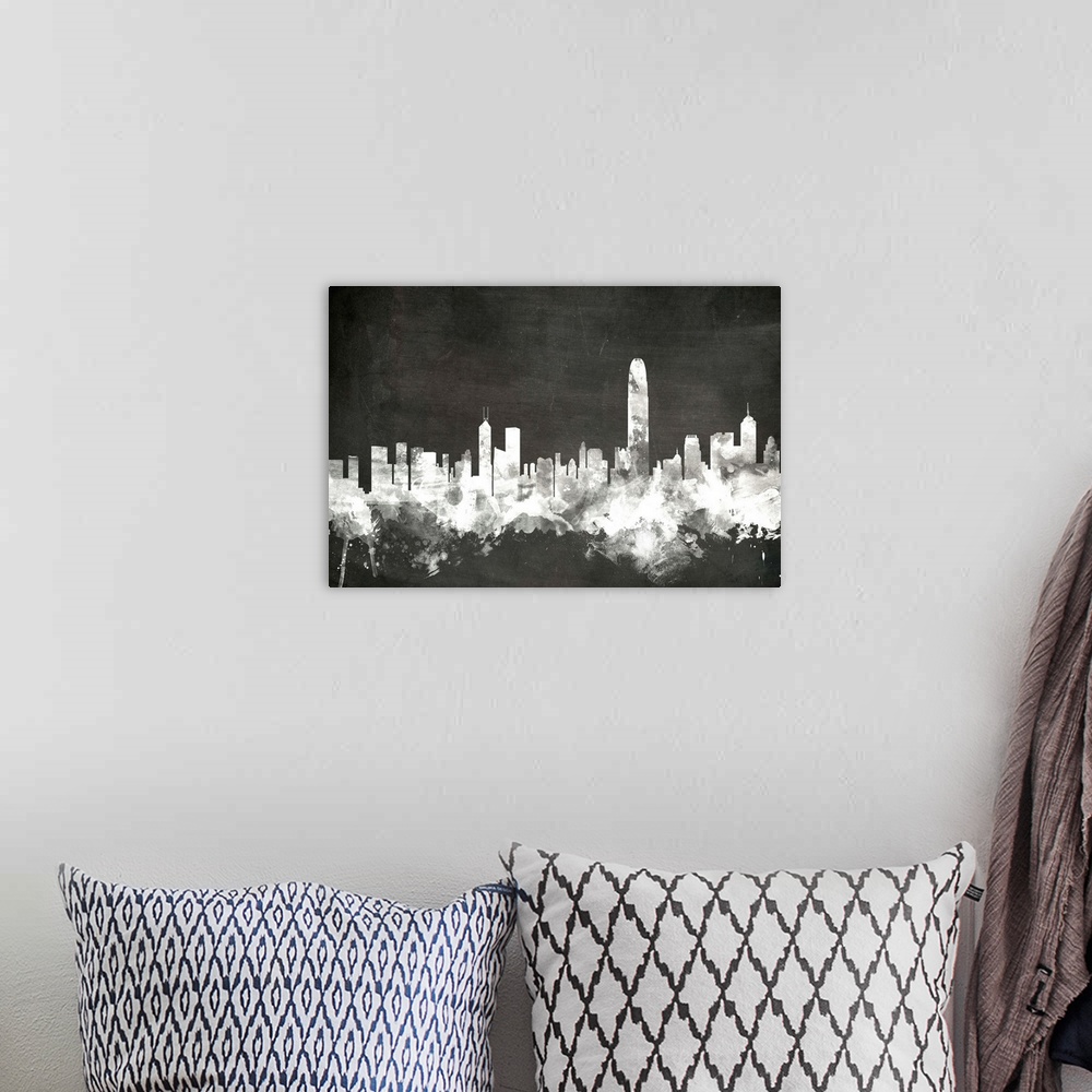 A bohemian room featuring Smokey dark watercolor silhouette of the Hong Kong city skyline against chalkboard background.