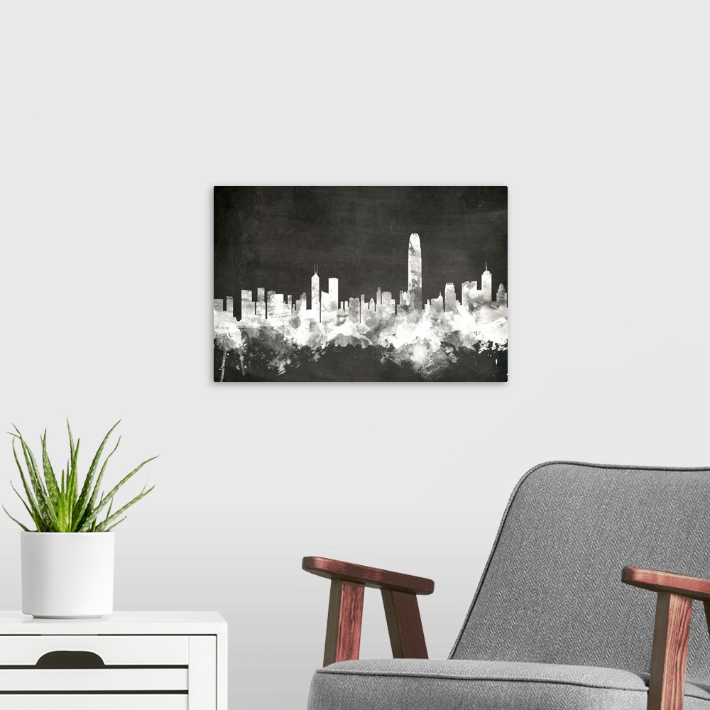 A modern room featuring Smokey dark watercolor silhouette of the Hong Kong city skyline against chalkboard background.
