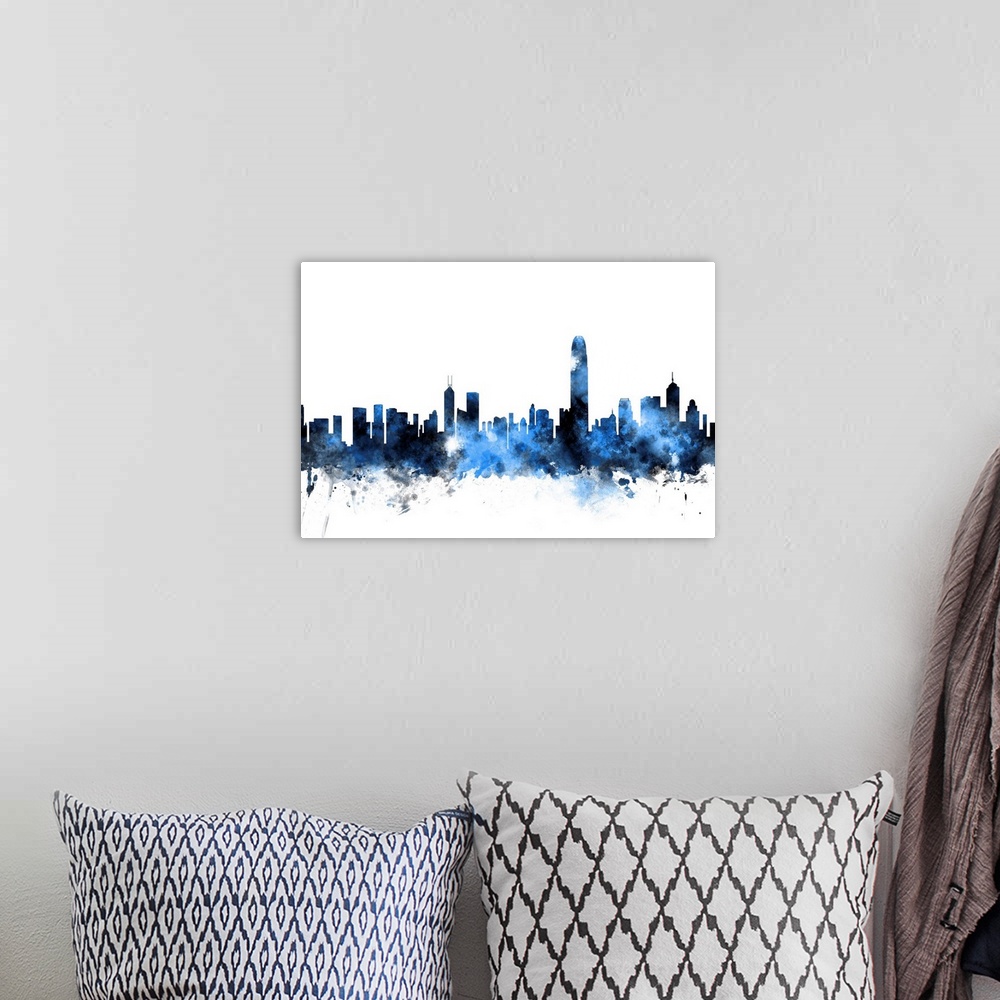 A bohemian room featuring Watercolor art print of the skyline of Hong Kong, China