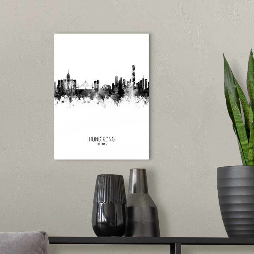 A modern room featuring Watercolor art print of the skyline of Hong Kong, China
