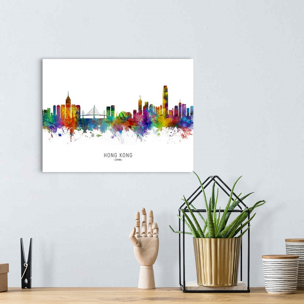 A bohemian room featuring Watercolor art print of the skyline of Hong Kong, China.