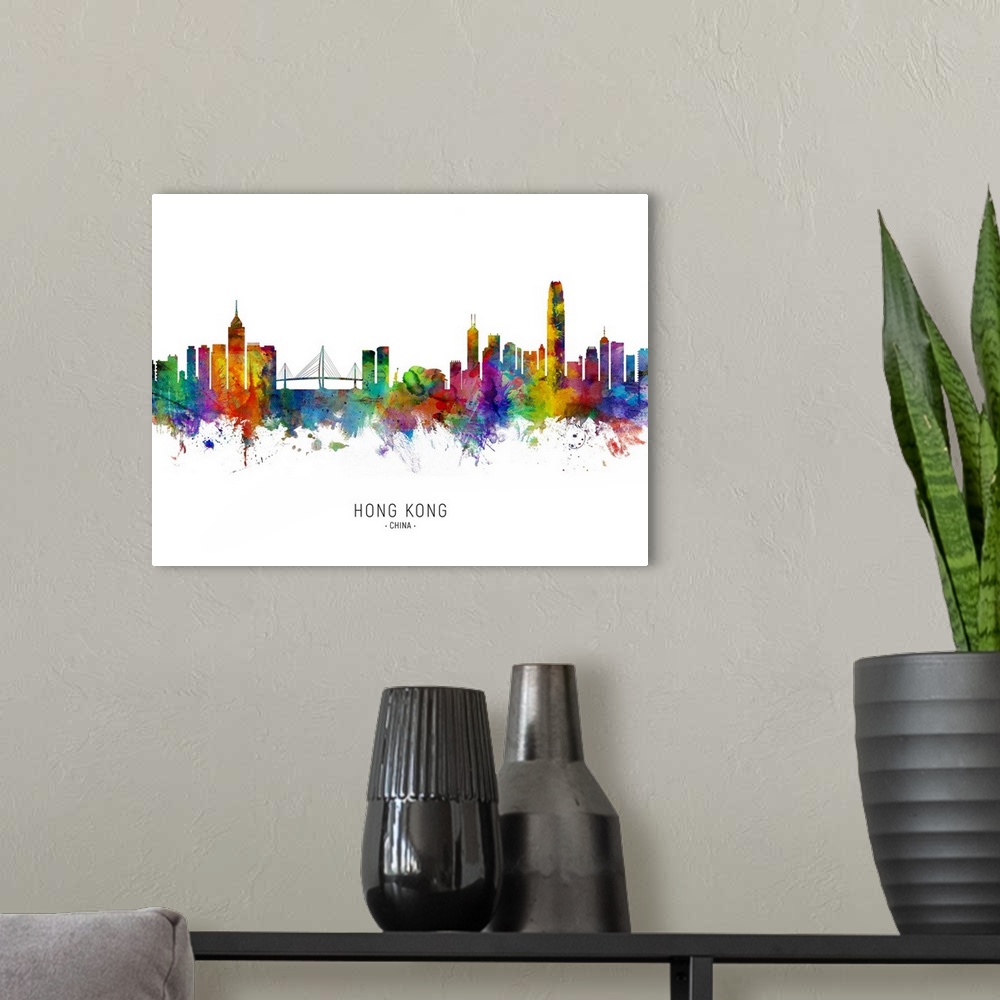 A modern room featuring Watercolor art print of the skyline of Hong Kong, China.