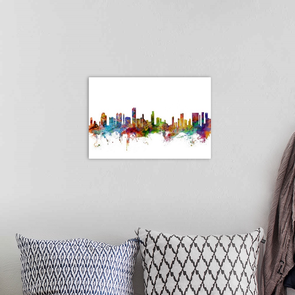 A bohemian room featuring Watercolor artwork of the Honolulu skyline against a white background.