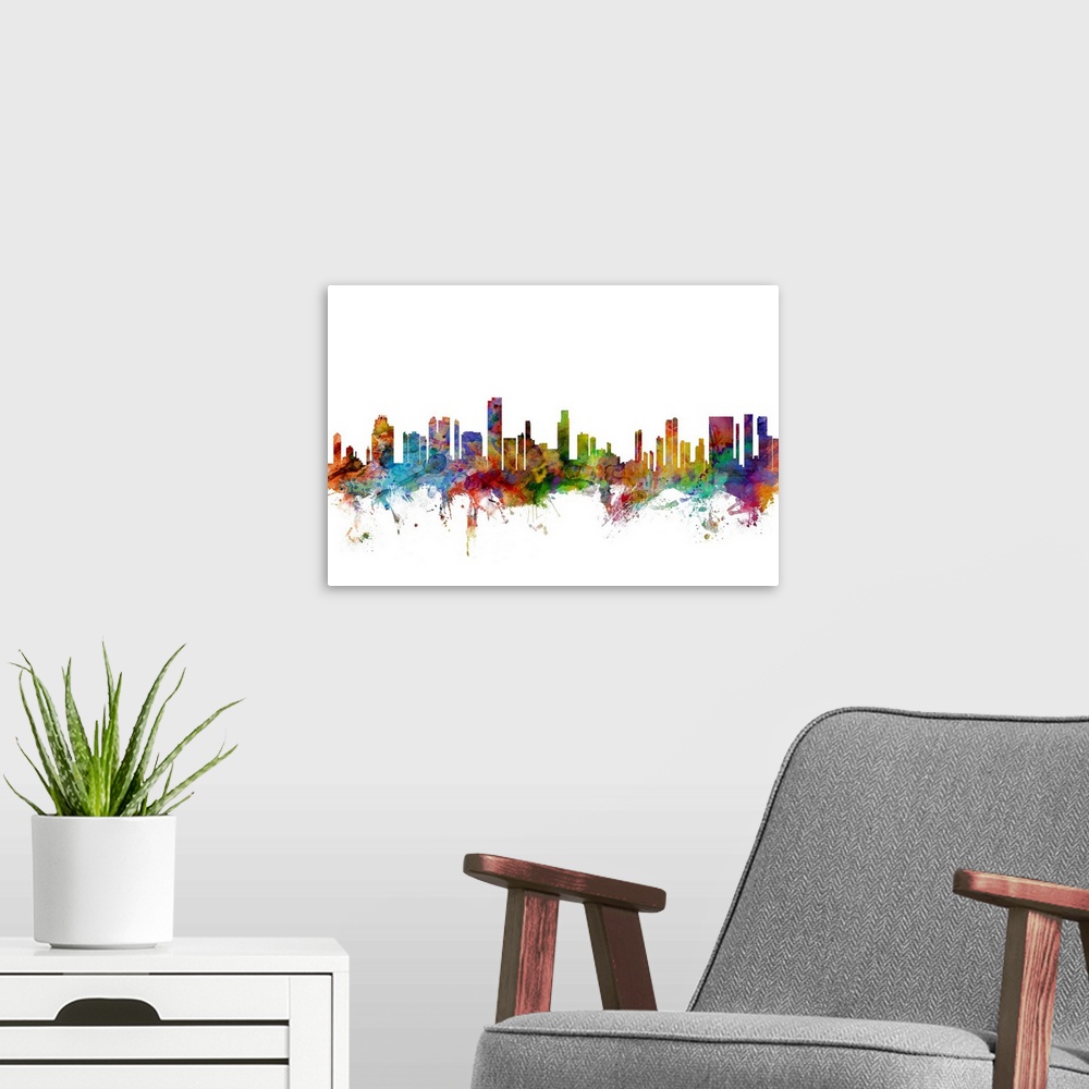A modern room featuring Watercolor artwork of the Honolulu skyline against a white background.