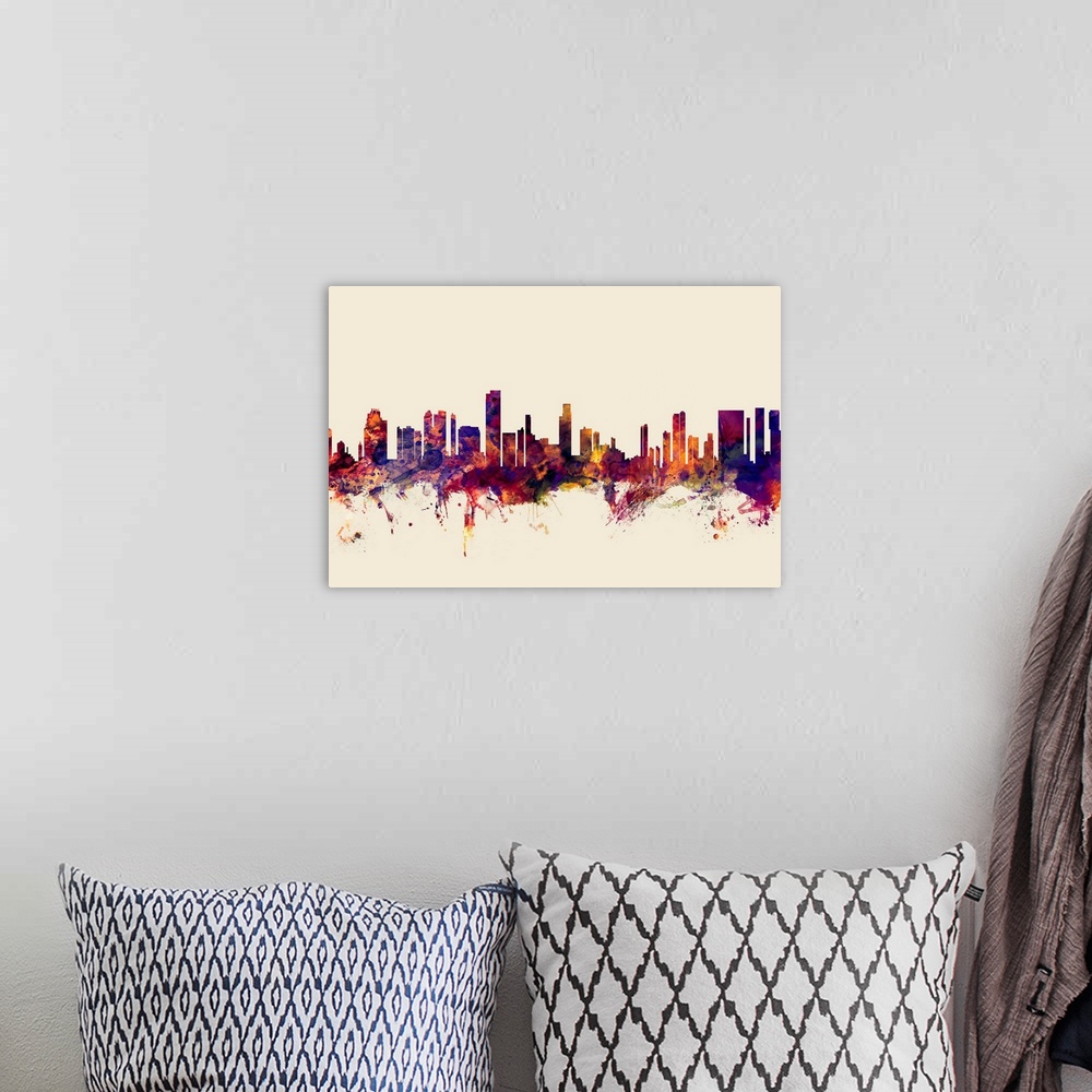 A bohemian room featuring Contemporary artwork of the Honolulu city skyline in watercolor paint splashes.