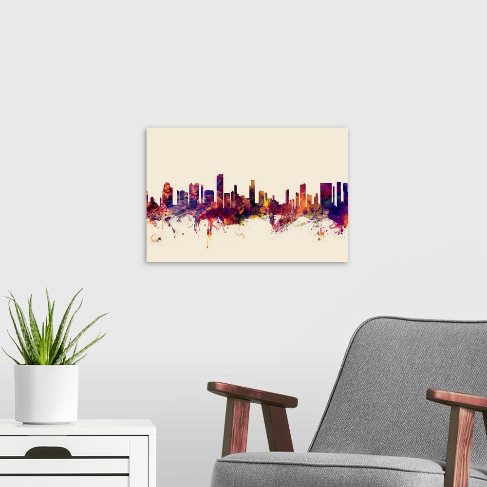 A modern room featuring Contemporary artwork of the Honolulu city skyline in watercolor paint splashes.