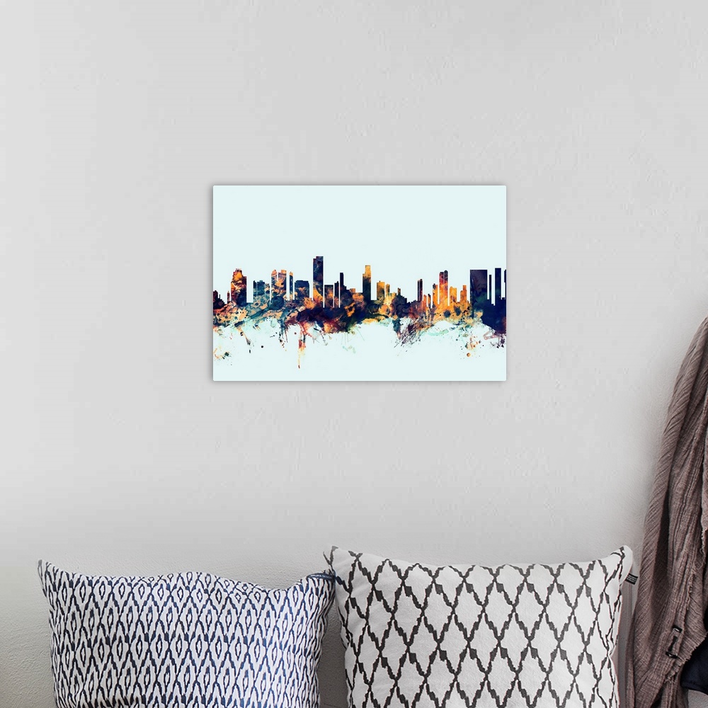 A bohemian room featuring Dark watercolor silhouette of the Honolulu city skyline against a light blue background.