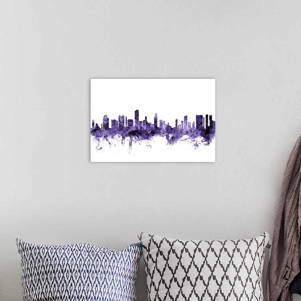 A bohemian room featuring Watercolor art print of the skyline of Honolulu, Hawaii, United States