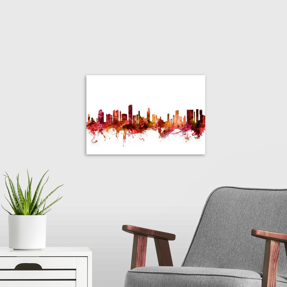 A modern room featuring Watercolor art print of the skyline of Honolulu, Hawaii, United States.