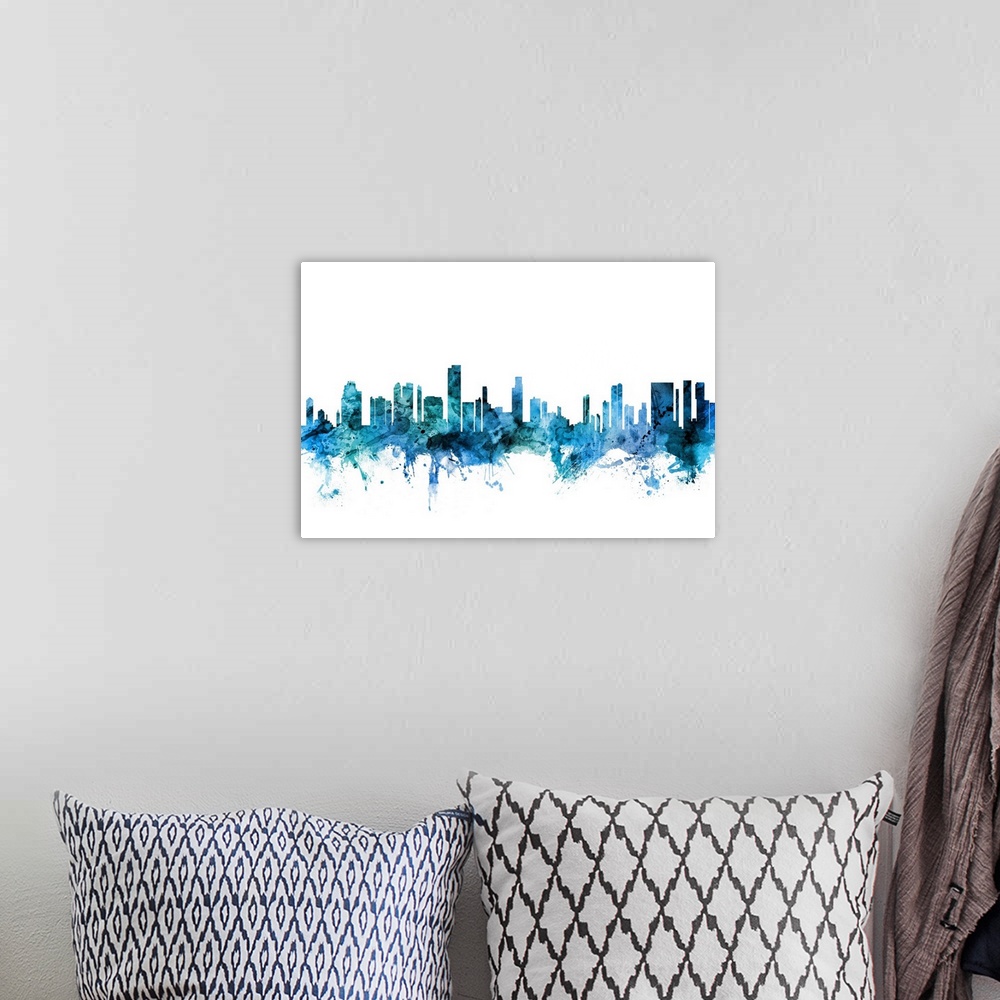 A bohemian room featuring Watercolor art print of the skyline of Honolulu, Hawaii, United States.