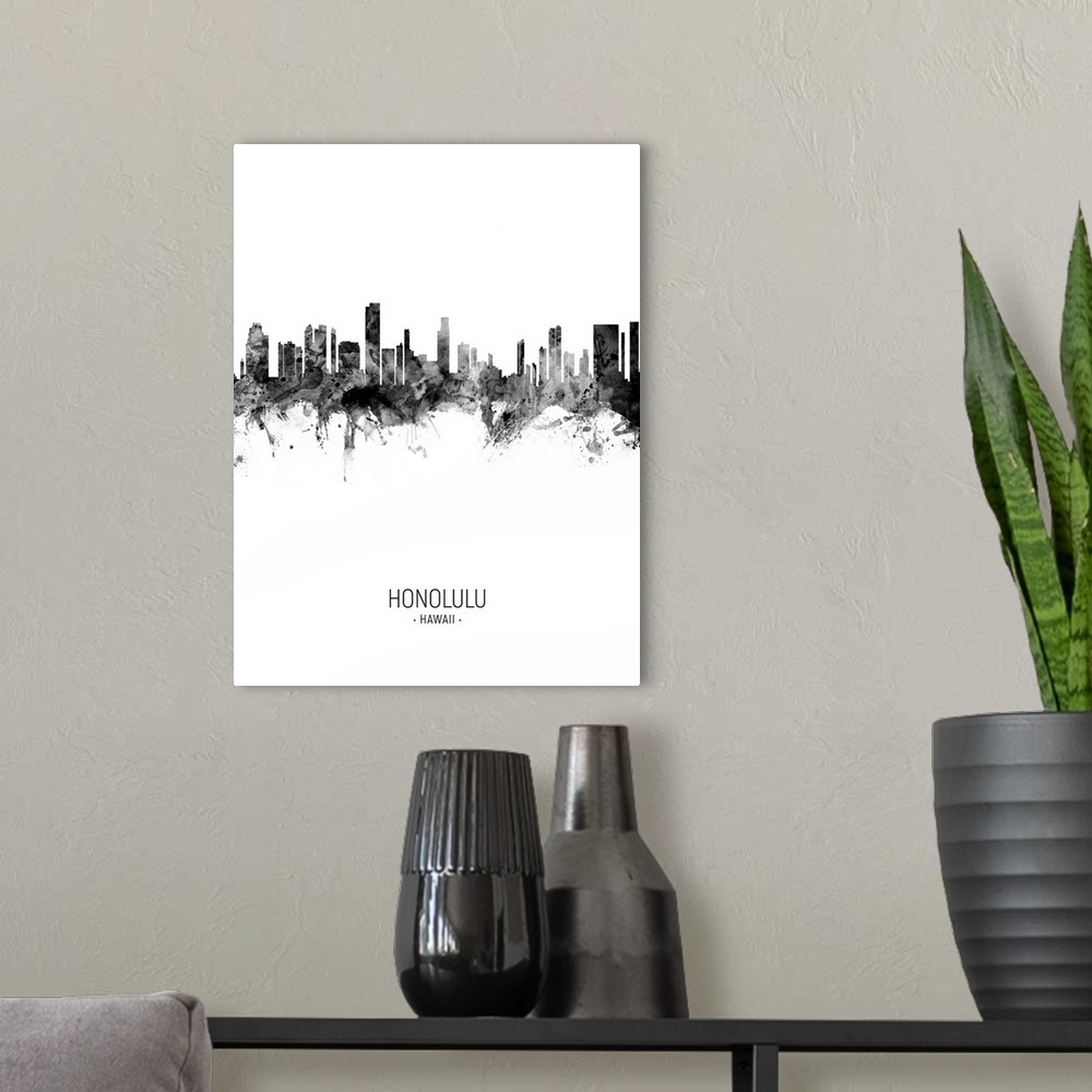 A modern room featuring Watercolor art print of the skyline of Honolulu, Hawaii, United States
