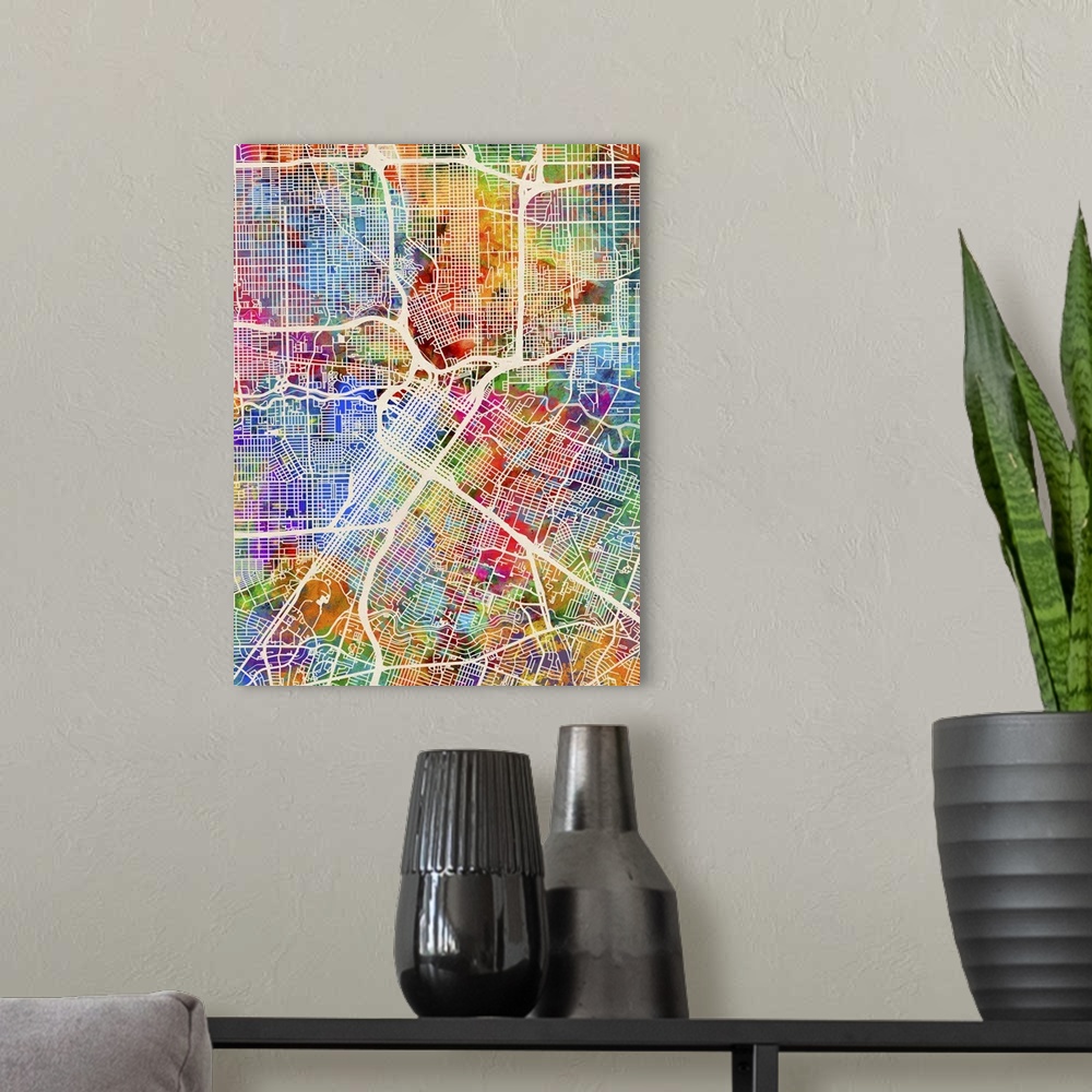 A modern room featuring Contemporary colorful city street map of Houston.