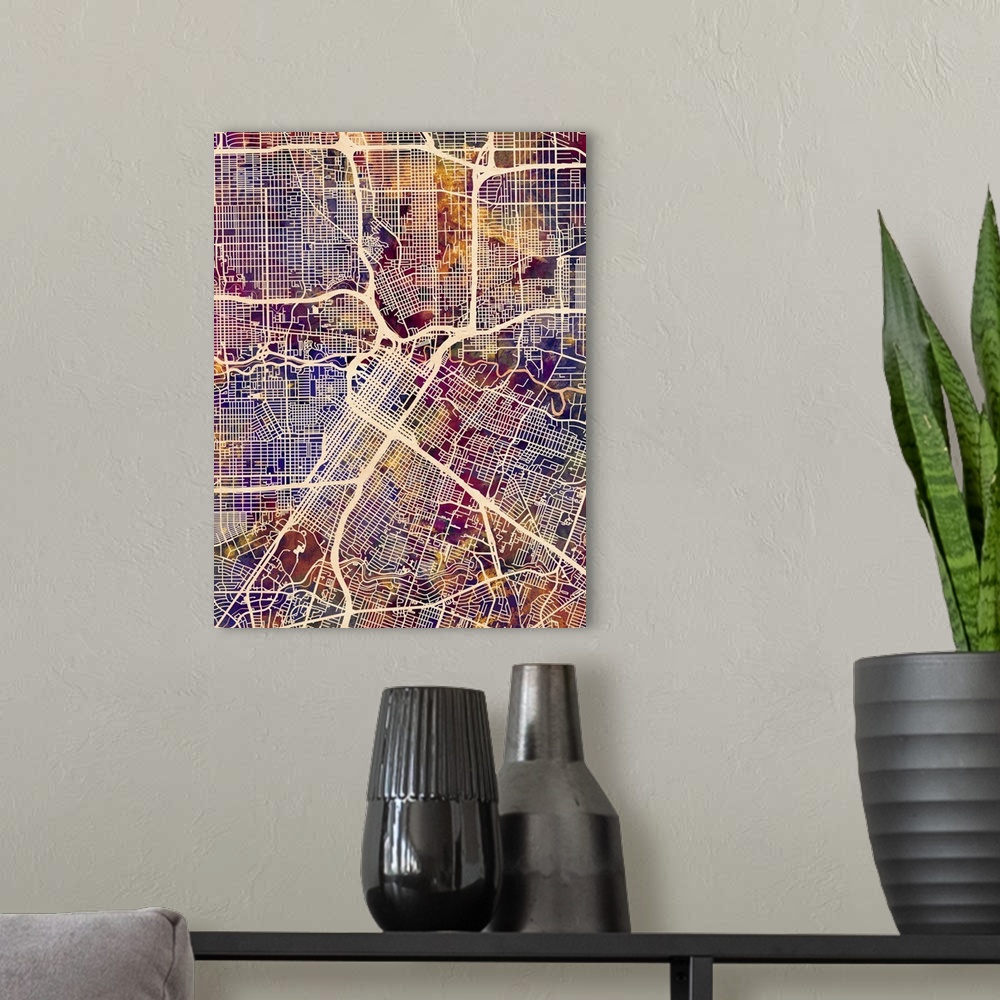 A modern room featuring Contemporary colorful city street map of Houston.