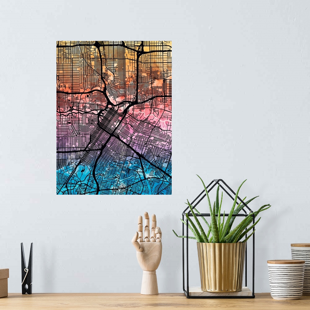 A bohemian room featuring Contemporary watercolor city street map of Houston.