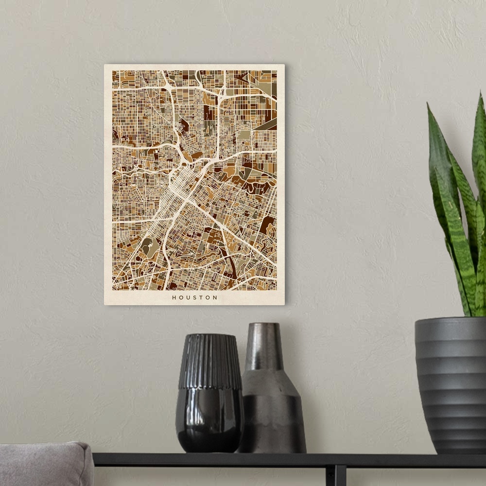 A modern room featuring Brown toned city street map artwork of Houston.