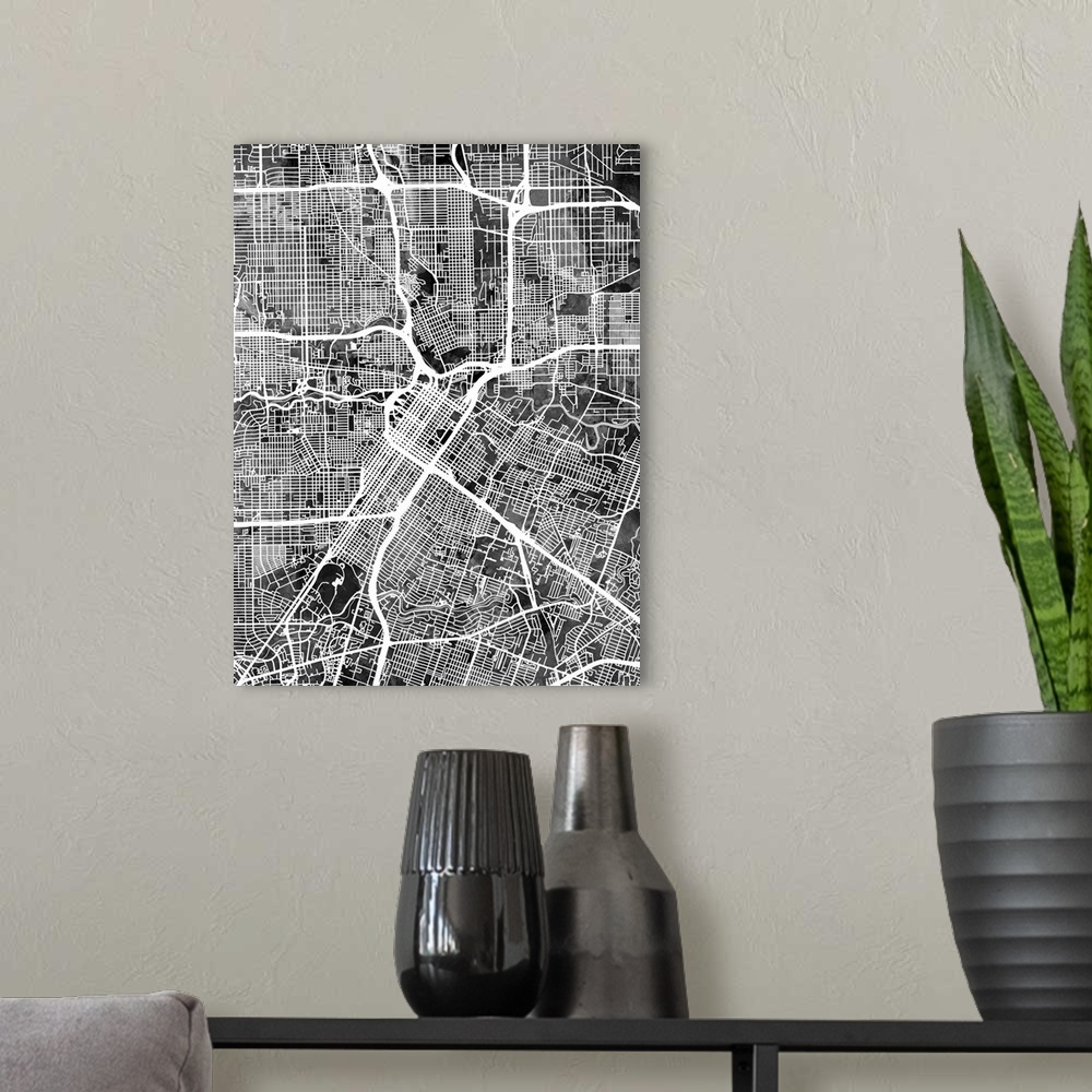 A modern room featuring Watercolor street map of Houston, Texas, United States