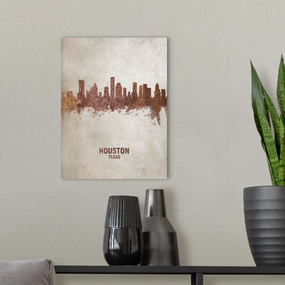 A modern room featuring Art print of the skyline of Houston, Texas, United States. Rust on concrete.