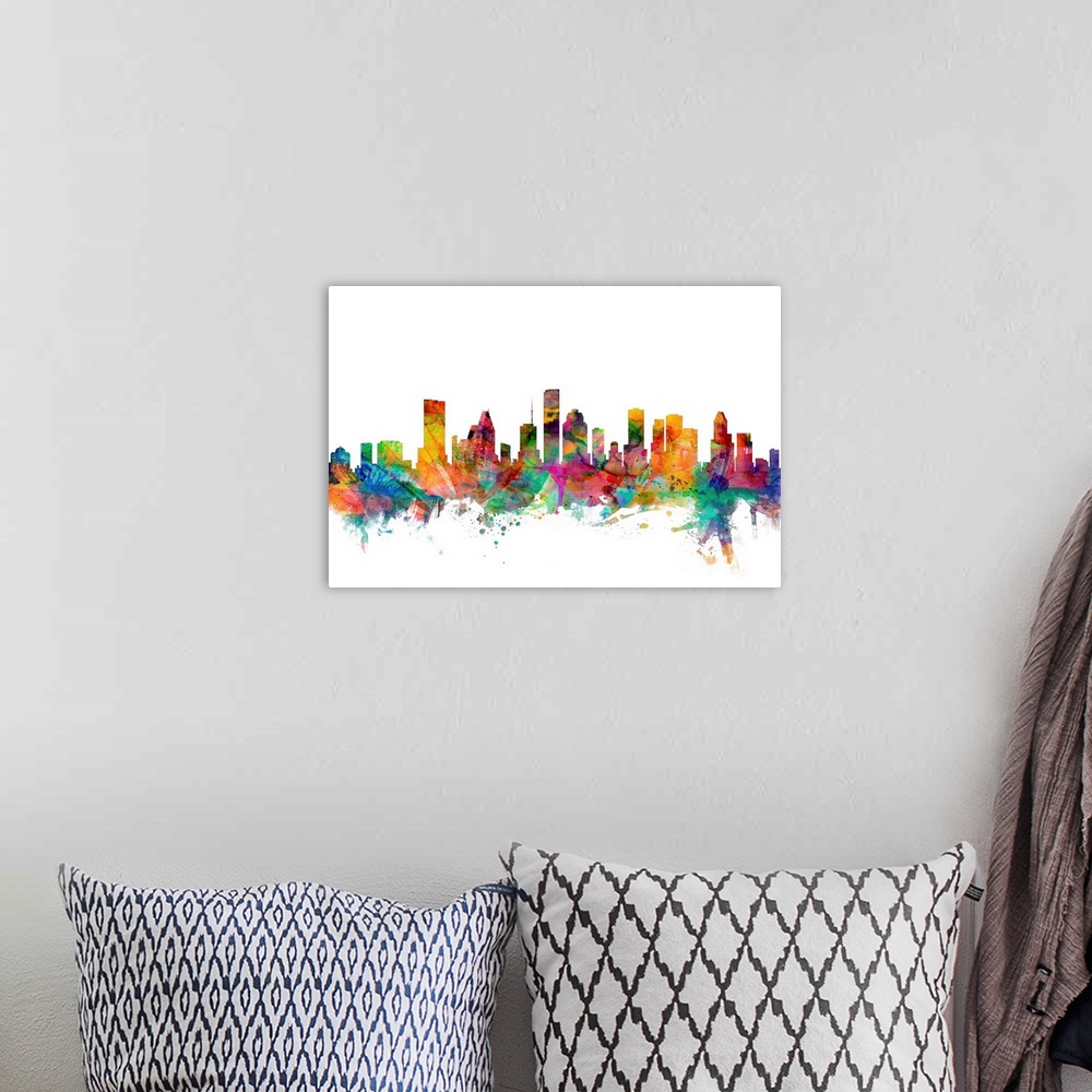 A bohemian room featuring Watercolor artwork of the Houston skyline against a white background.