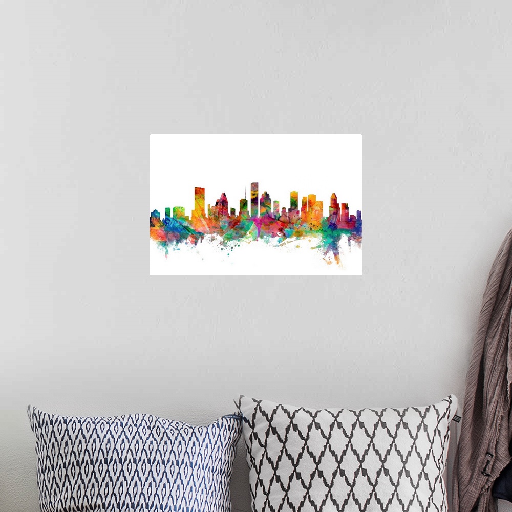 A bohemian room featuring Watercolor artwork of the Houston skyline against a white background.