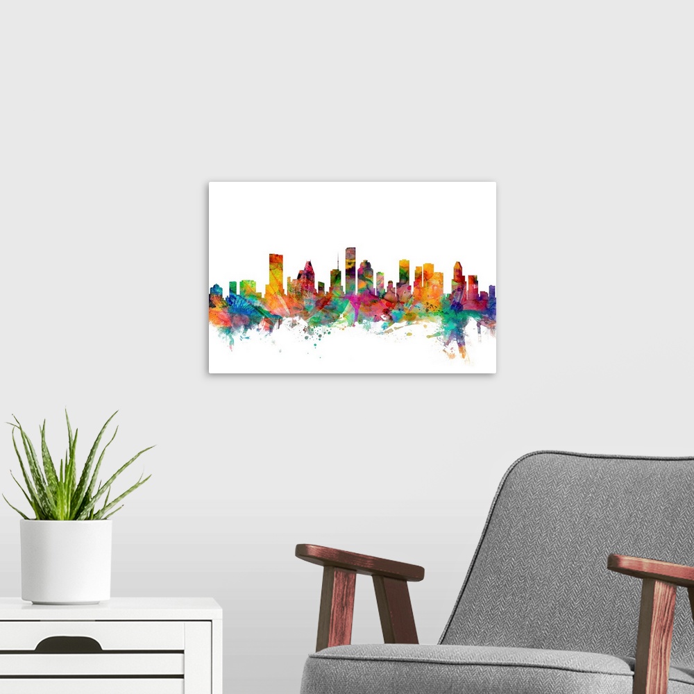 A modern room featuring Watercolor artwork of the Houston skyline against a white background.