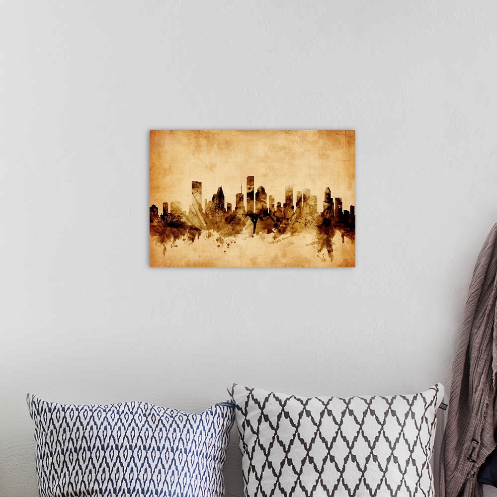 A bohemian room featuring Contemporary artwork of the Houston city skyline in a vintage distressed look.