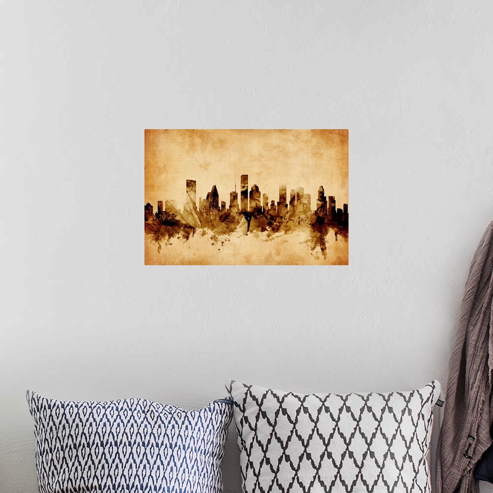 A bohemian room featuring Contemporary artwork of the Houston city skyline in a vintage distressed look.