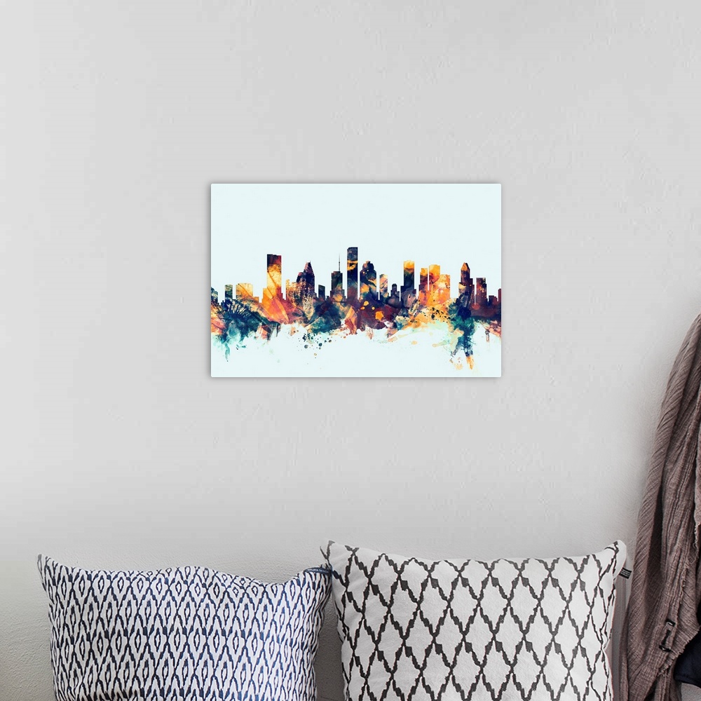 A bohemian room featuring Dark watercolor silhouette of the Houston city skyline against a light blue background.