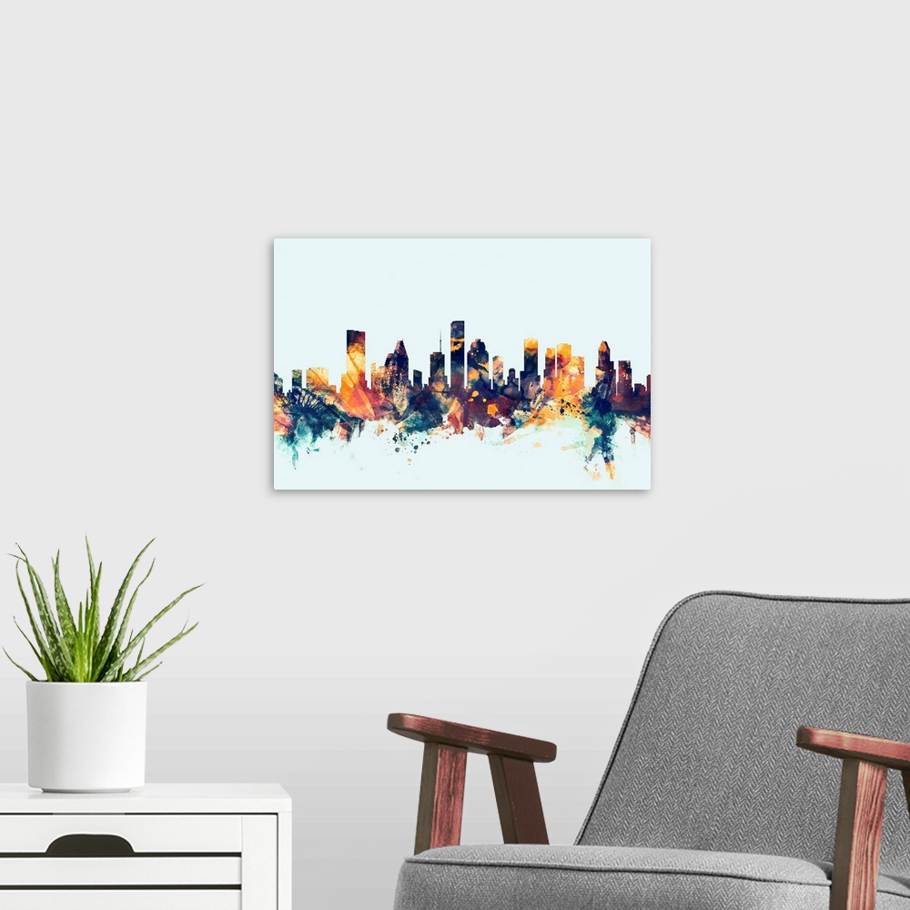 A modern room featuring Dark watercolor silhouette of the Houston city skyline against a light blue background.
