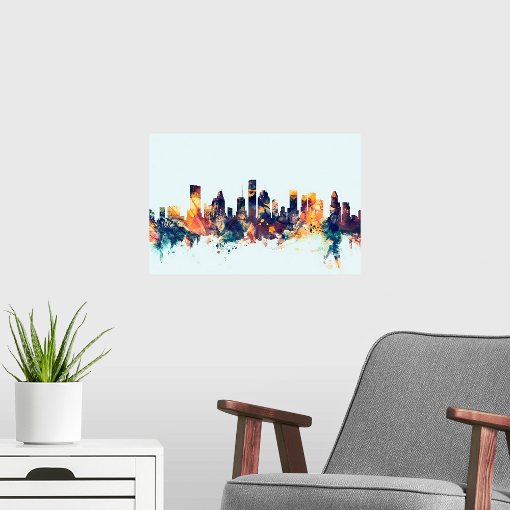 A modern room featuring Dark watercolor silhouette of the Houston city skyline against a light blue background.