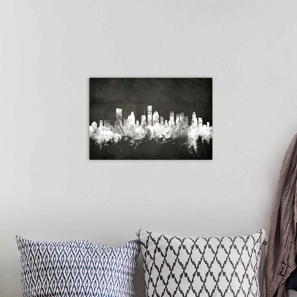 A bohemian room featuring Smokey dark watercolor silhouette of the Houston city skyline against chalkboard background.