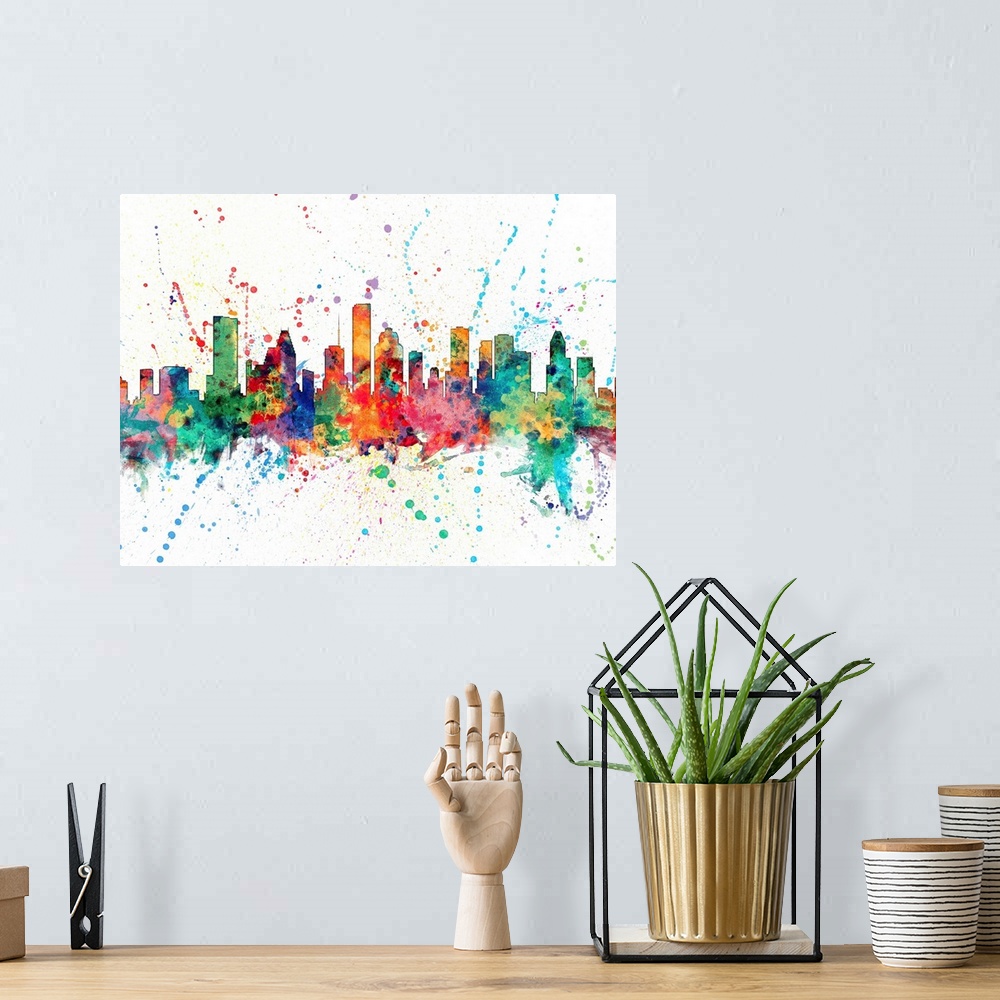 A bohemian room featuring Wild and vibrant paint splatter silhouette of the Houston skyline.