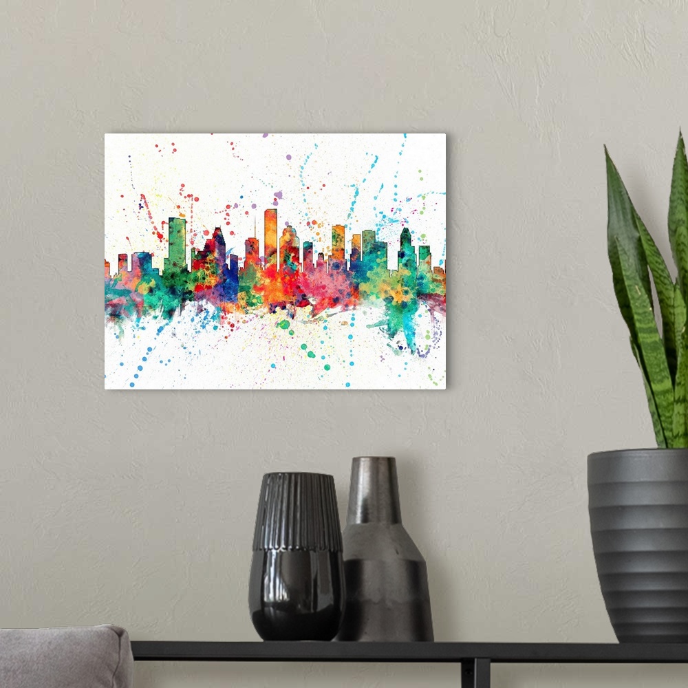 A modern room featuring Wild and vibrant paint splatter silhouette of the Houston skyline.