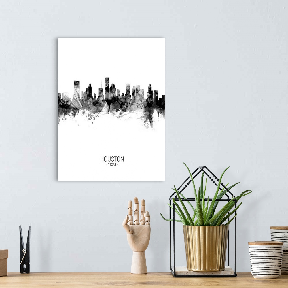 A bohemian room featuring Watercolor art print of the skyline of Houston, Texas, United States