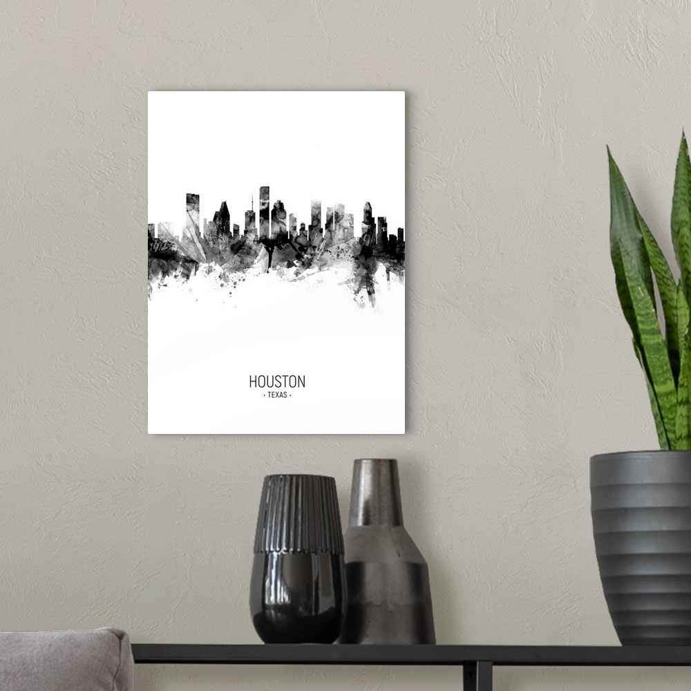 A modern room featuring Watercolor art print of the skyline of Houston, Texas, United States