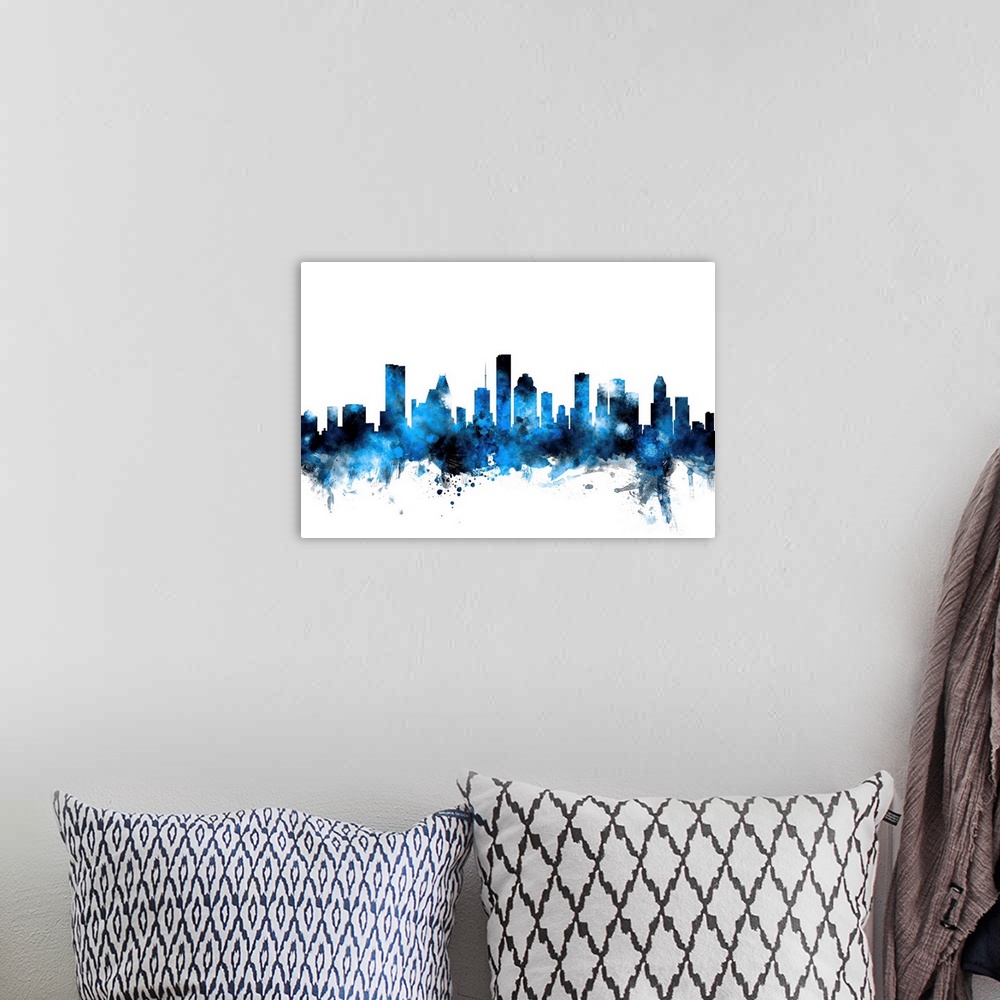 A bohemian room featuring Watercolor art print of the skyline of Houston, Texas, United States.