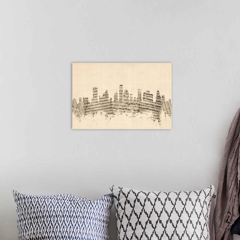 A bohemian room featuring Houston skyline made of sheet music against a weathered beige background.