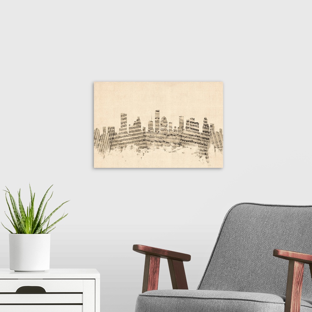 A modern room featuring Houston skyline made of sheet music against a weathered beige background.