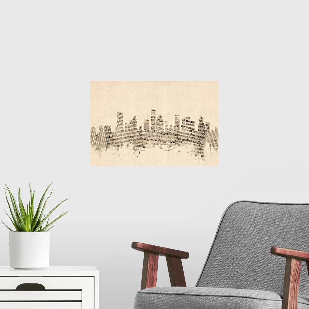 A modern room featuring Houston skyline made of sheet music against a weathered beige background.