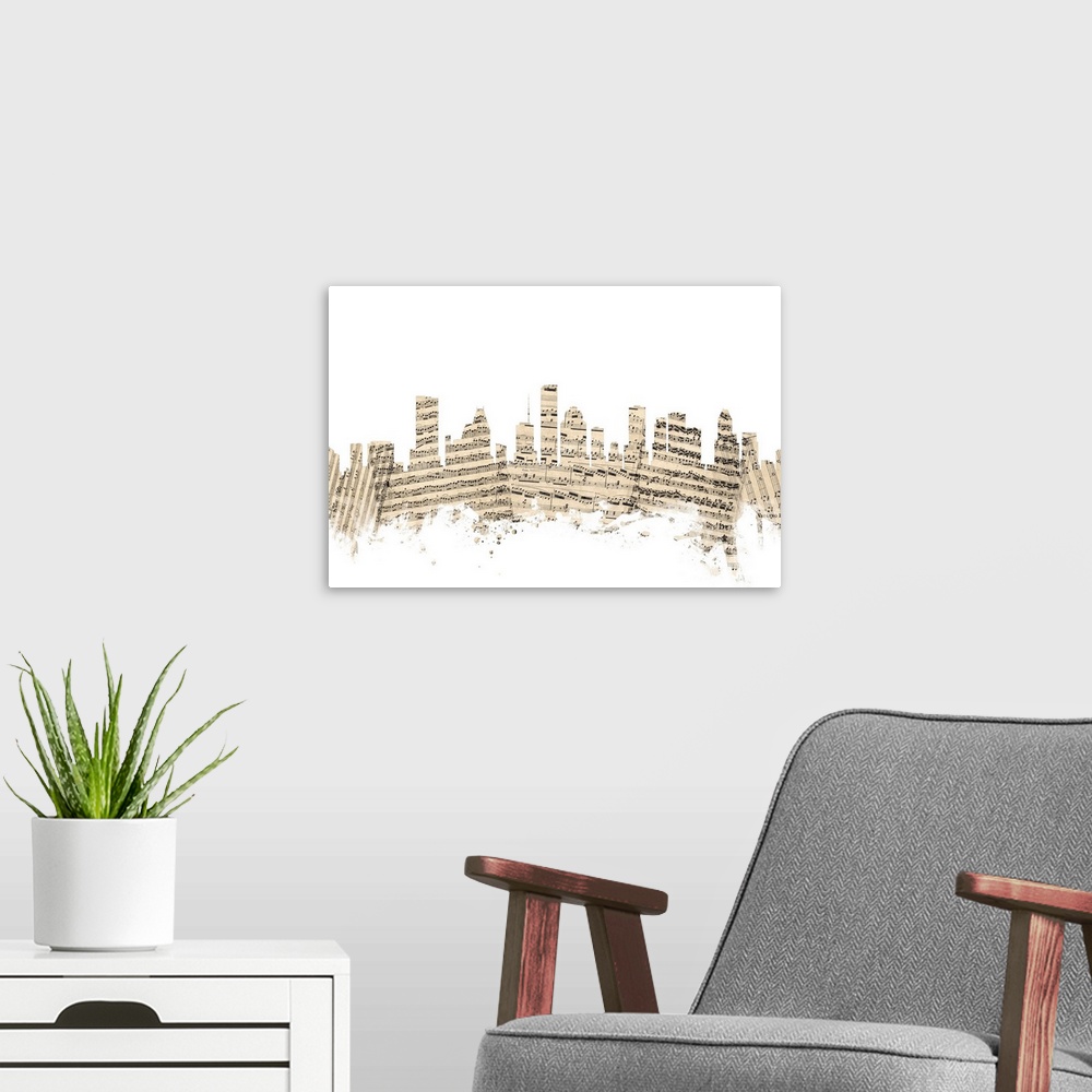 A modern room featuring Houston skyline made of sheet music against a white background.