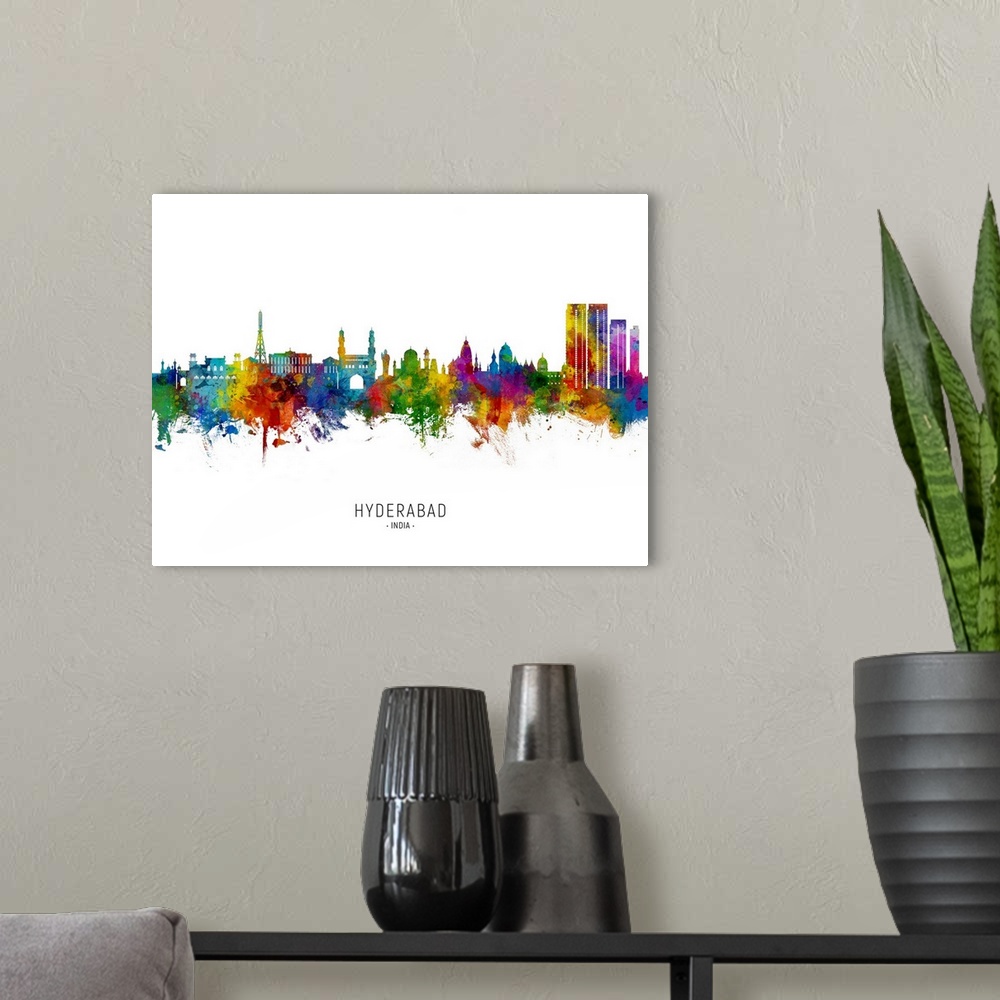 A modern room featuring Watercolor art print of the skyline of Hyderabad, India