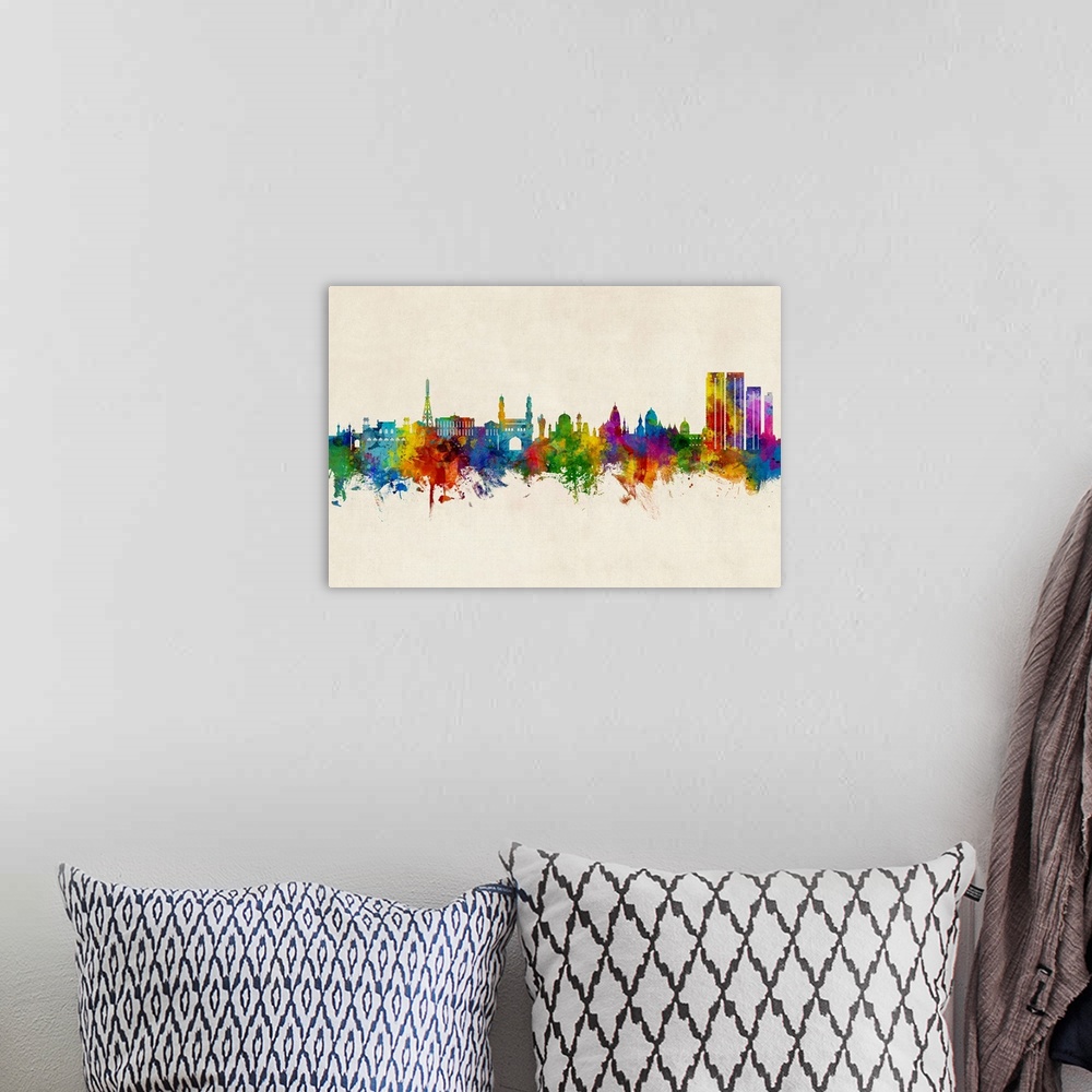 A bohemian room featuring Watercolor art print of the skyline of Hyderabad, India