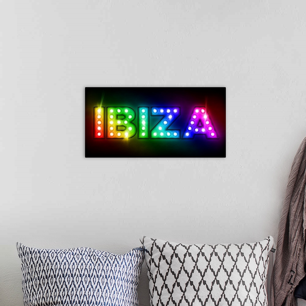 A bohemian room featuring Ibiza billboard sign, with Ibiza written in the style of the old fashioned light bulb billboards,...