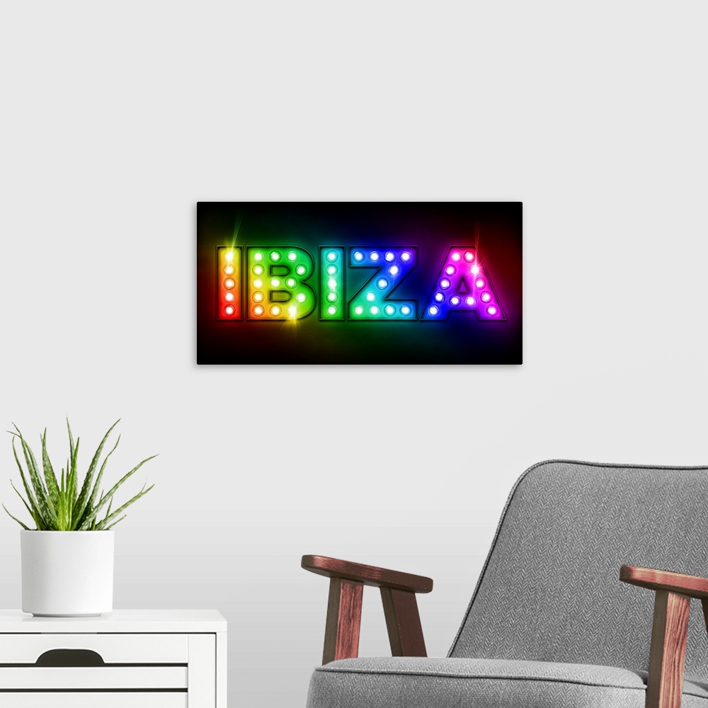 A modern room featuring Ibiza billboard sign, with Ibiza written in the style of the old fashioned light bulb billboards,...
