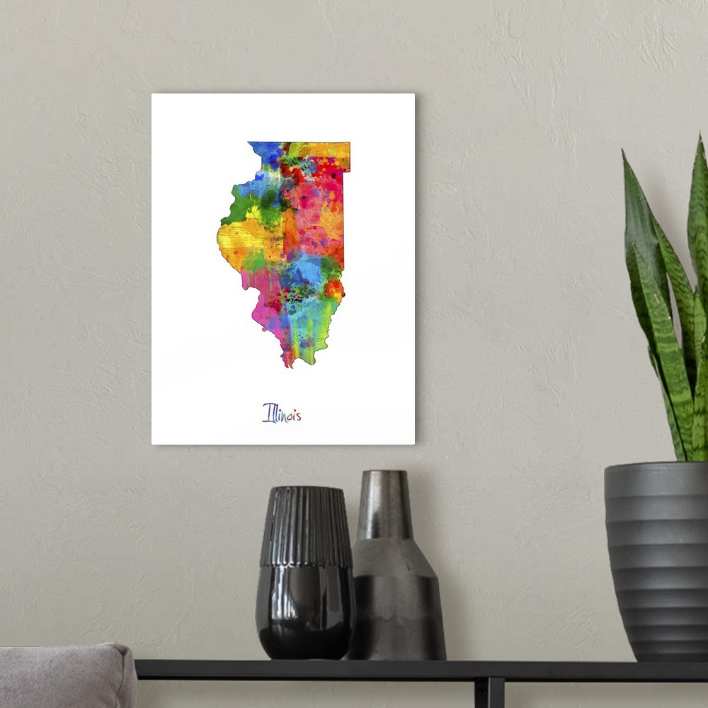 A modern room featuring Contemporary artwork of a map of Illinois made of colorful paint splashes.