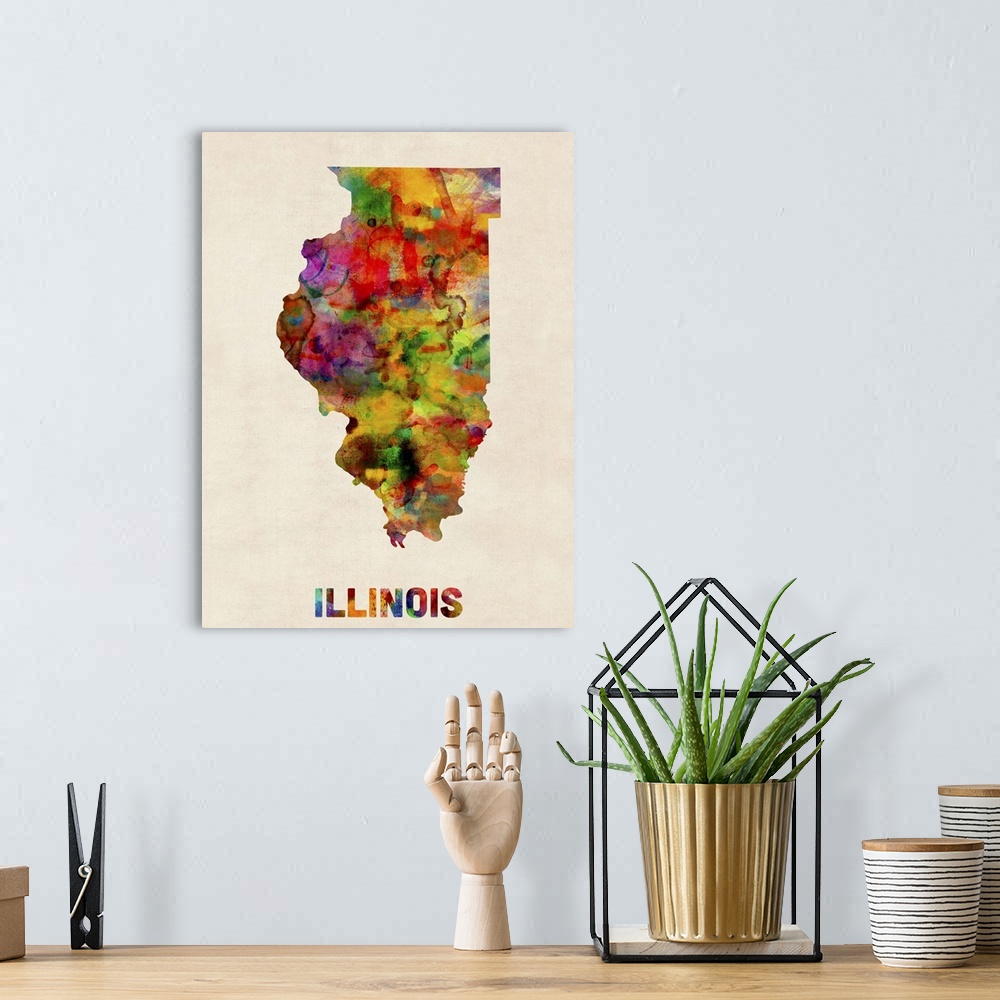 A bohemian room featuring Contemporary piece of artwork of a map of Illinois made up of watercolor splashes.
