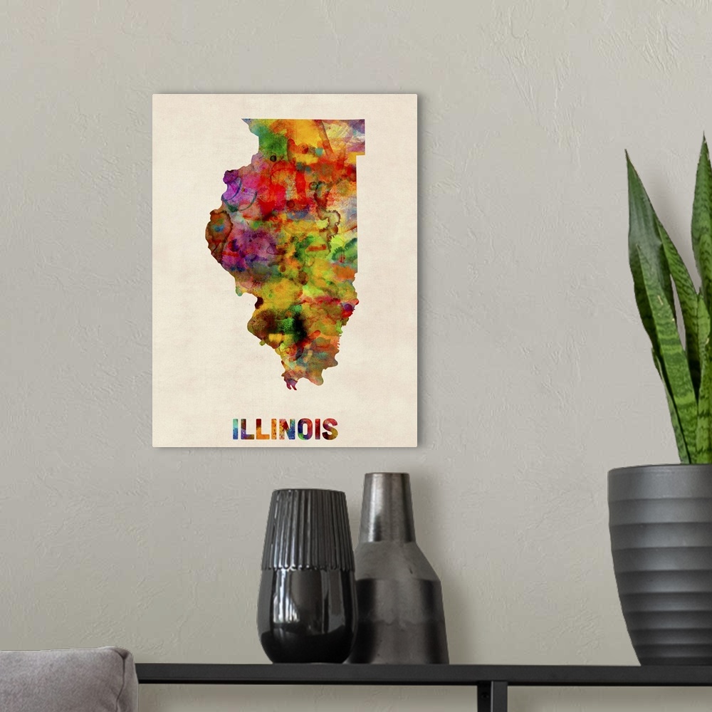 A modern room featuring Contemporary piece of artwork of a map of Illinois made up of watercolor splashes.